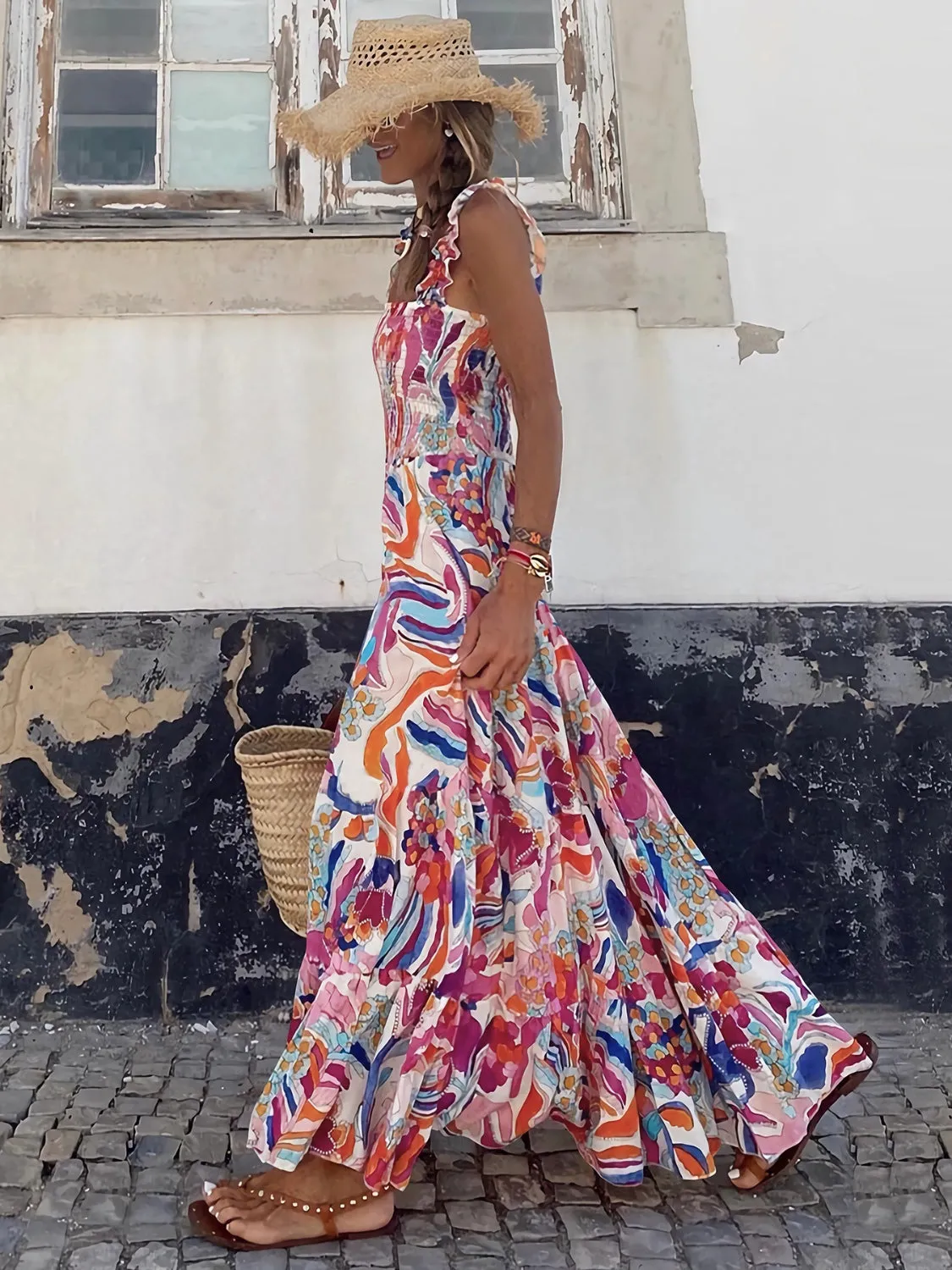 Blossom Smocked Printed Square Neck Sleeveless Dress