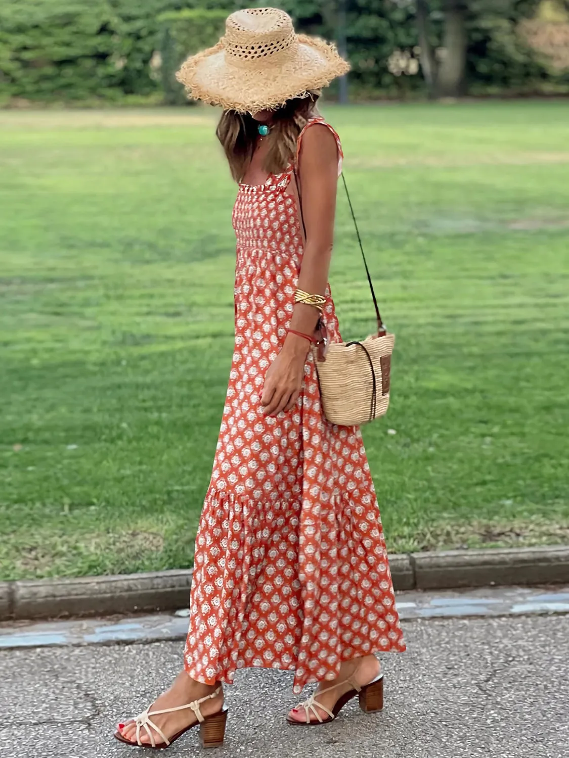 Blossom Smocked Printed Square Neck Sleeveless Dress