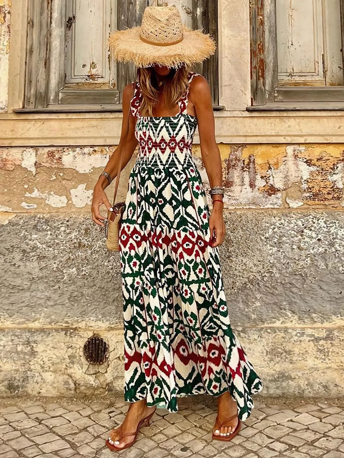 Blossom Smocked Printed Square Neck Sleeveless Dress