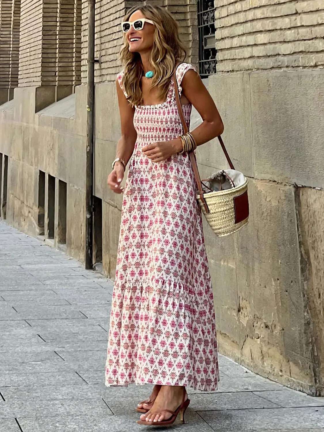 Blossom Smocked Printed Square Neck Sleeveless Dress