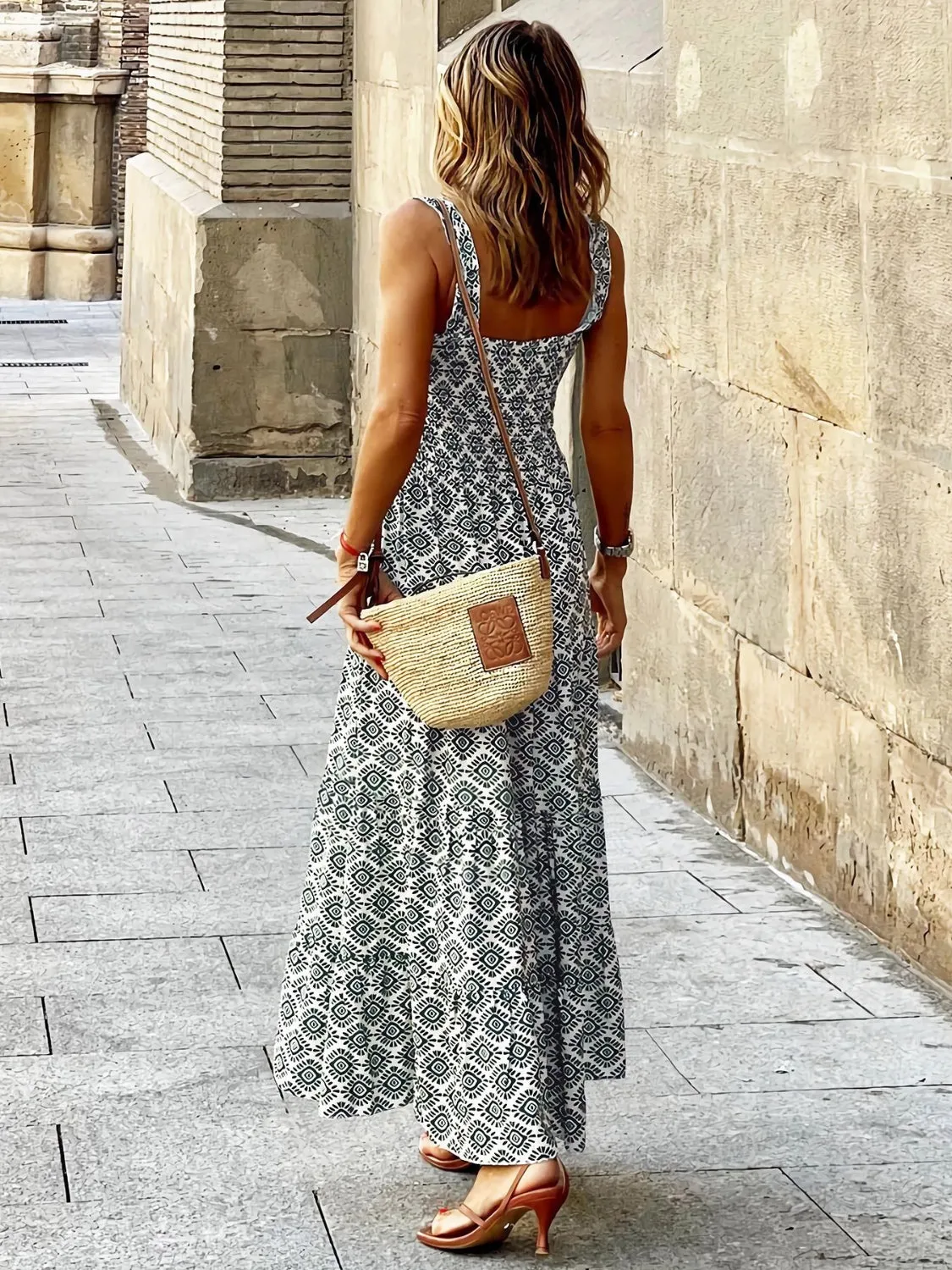 Blossom Smocked Printed Square Neck Sleeveless Dress