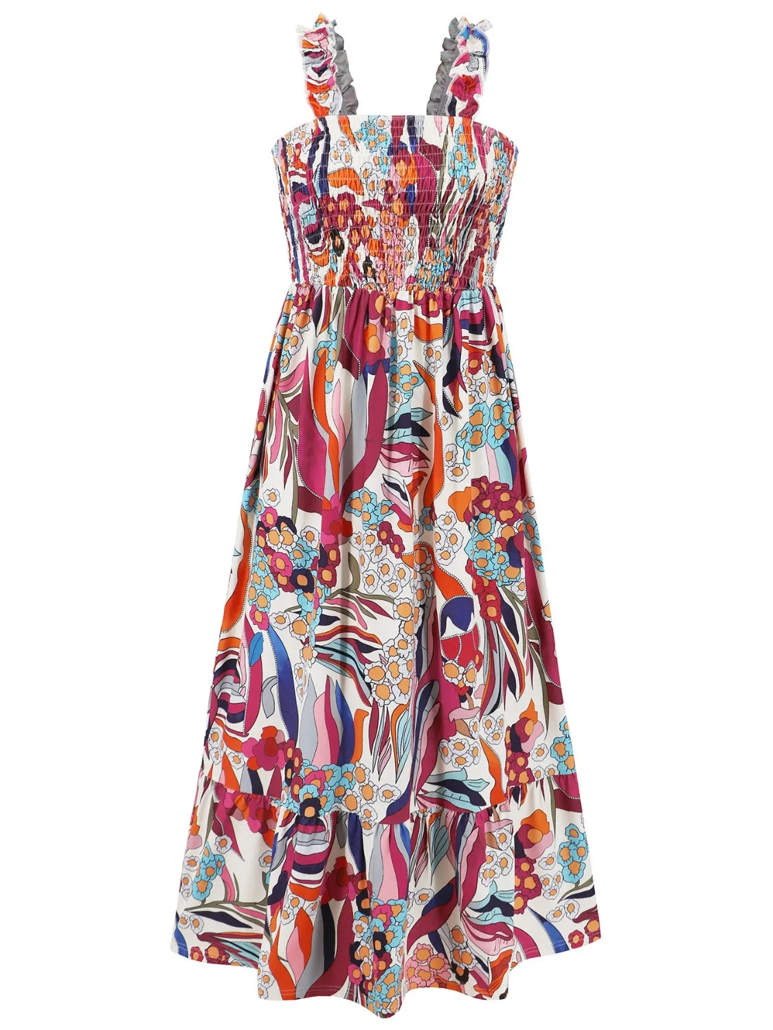 Blossom Smocked Printed Square Neck Sleeveless Dress