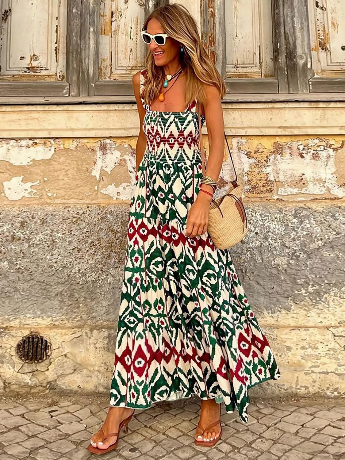 Blossom Smocked Printed Square Neck Sleeveless Dress