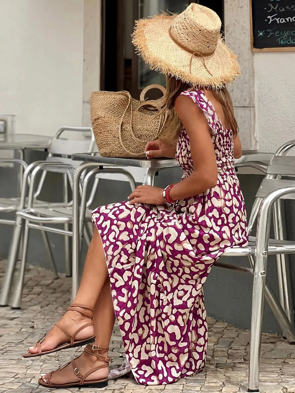 Blossom Smocked Printed Square Neck Sleeveless Dress