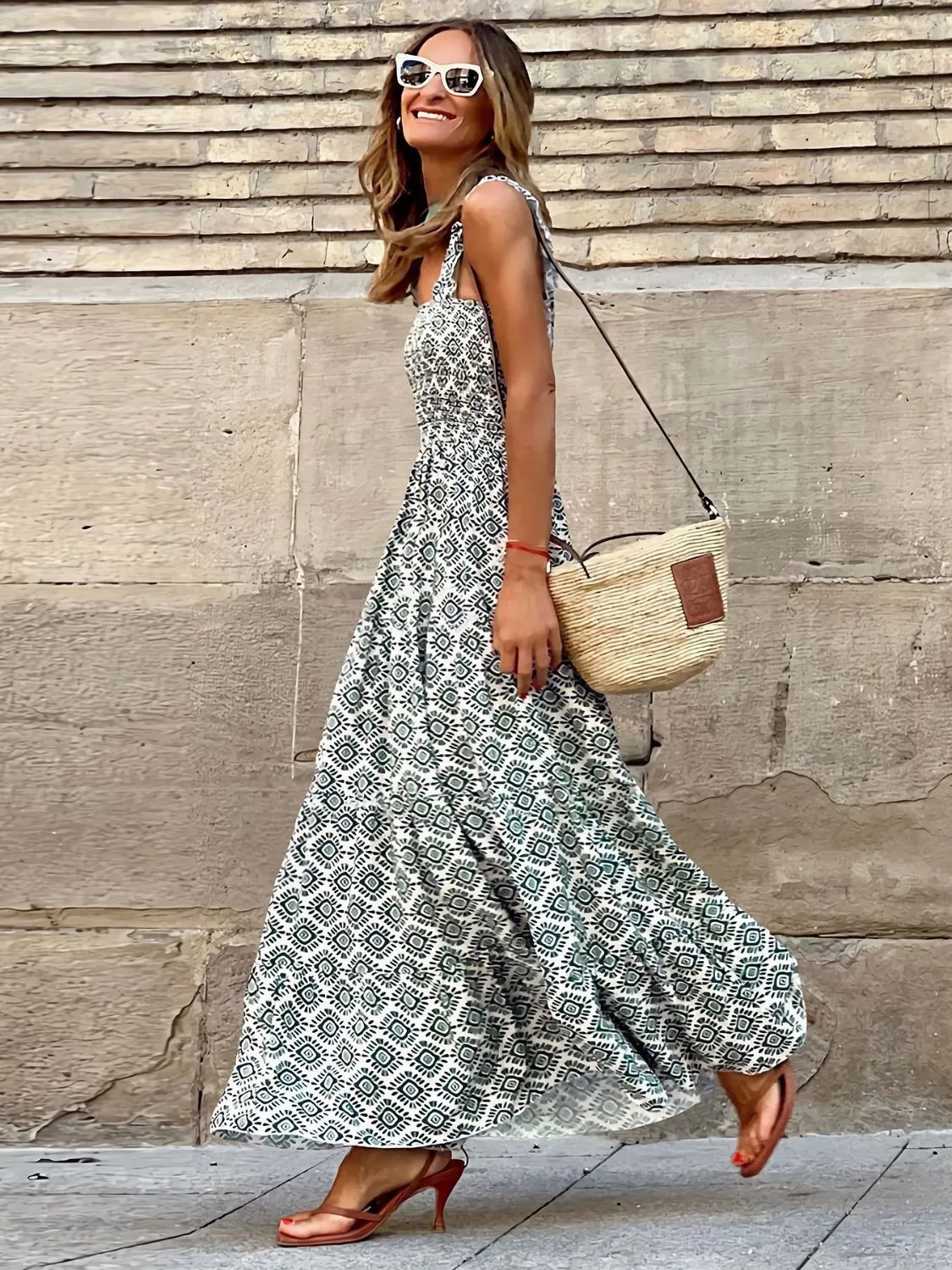 Blossom Smocked Printed Square Neck Sleeveless Dress