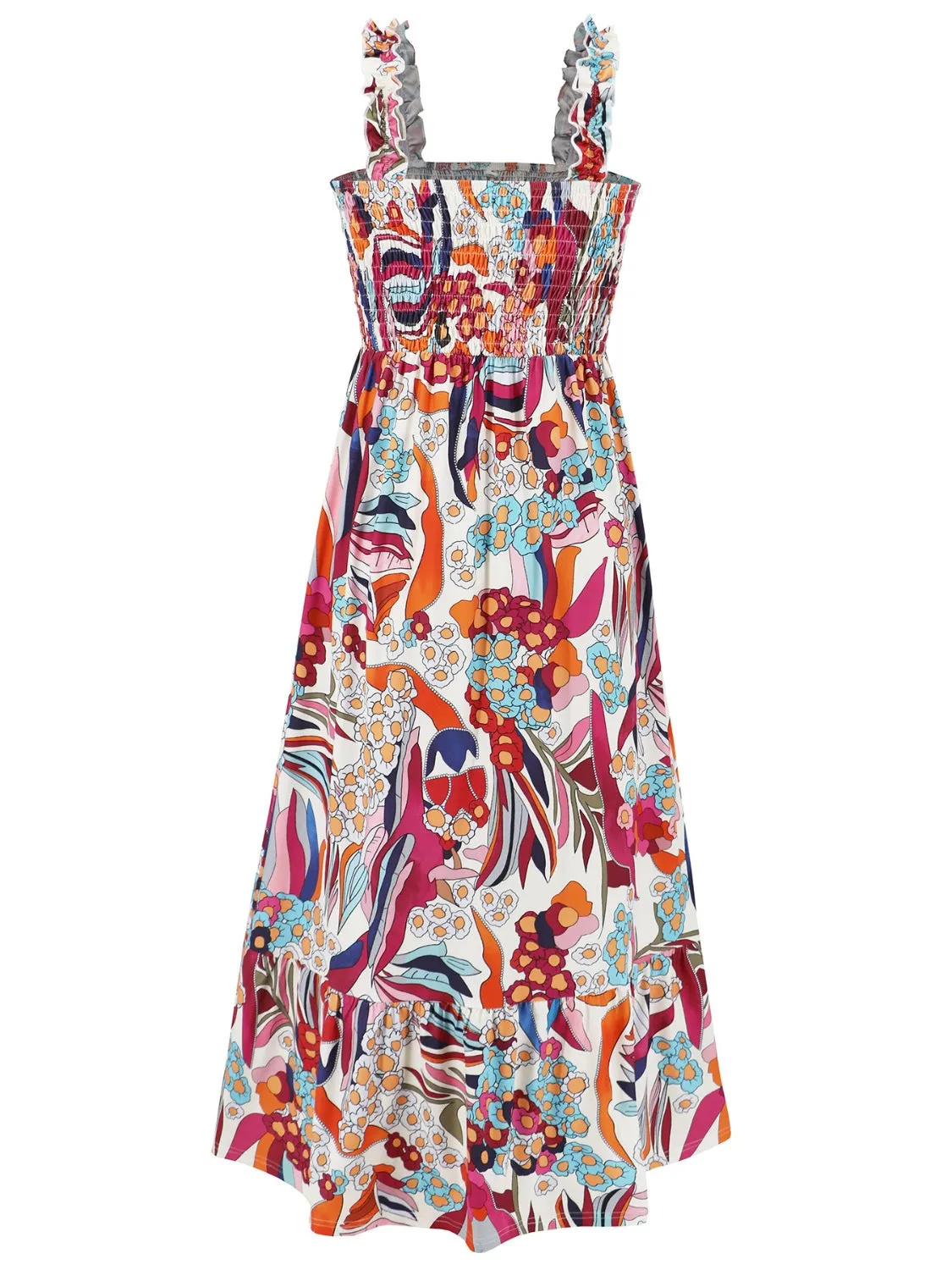 Blossom Smocked Printed Square Neck Sleeveless Dress