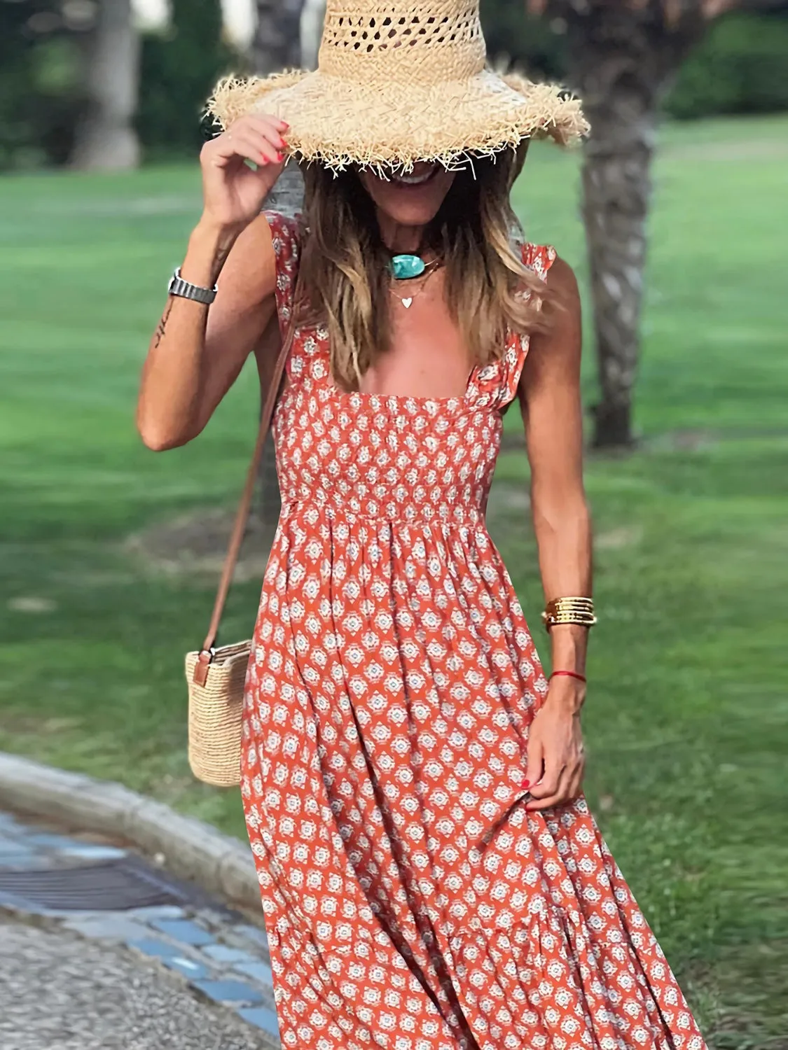Blossom Smocked Printed Square Neck Sleeveless Dress