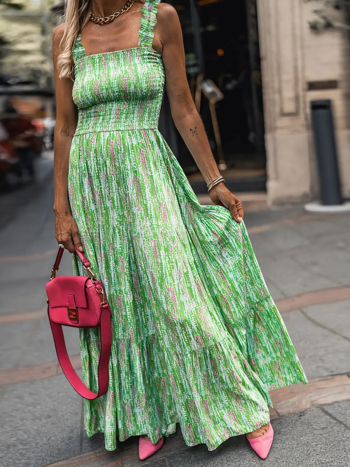 Blossom Smocked Printed Square Neck Sleeveless Dress