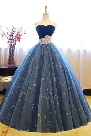 Blue Sweetheart Tulle Long Prom Dresses,Ball Gown,Sweet 16 Dress OK682