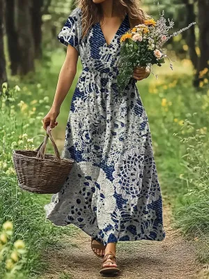 Bohemian Floral Print  V-neck Short Sleeve Loose Vintage Midi Dress