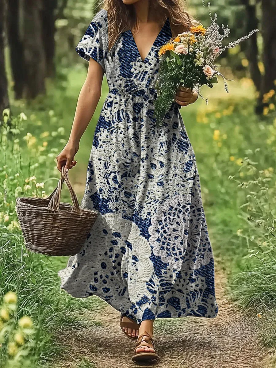Bohemian Floral Print  V-neck Short Sleeve Loose Vintage Midi Dress