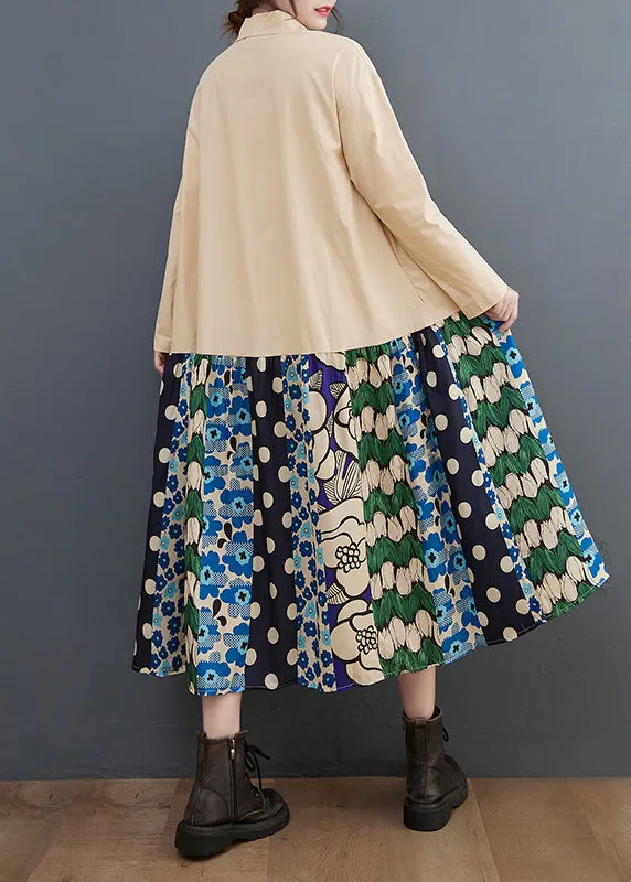 Boho Beige Oversized Patchwork Cotton Long Dress Fall