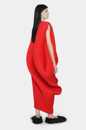 BOLD RED ASYMMETRICAL PLEAT DRESS