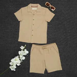 Boys Textured Shirt & Short Co-Ord Set Creamy Crust