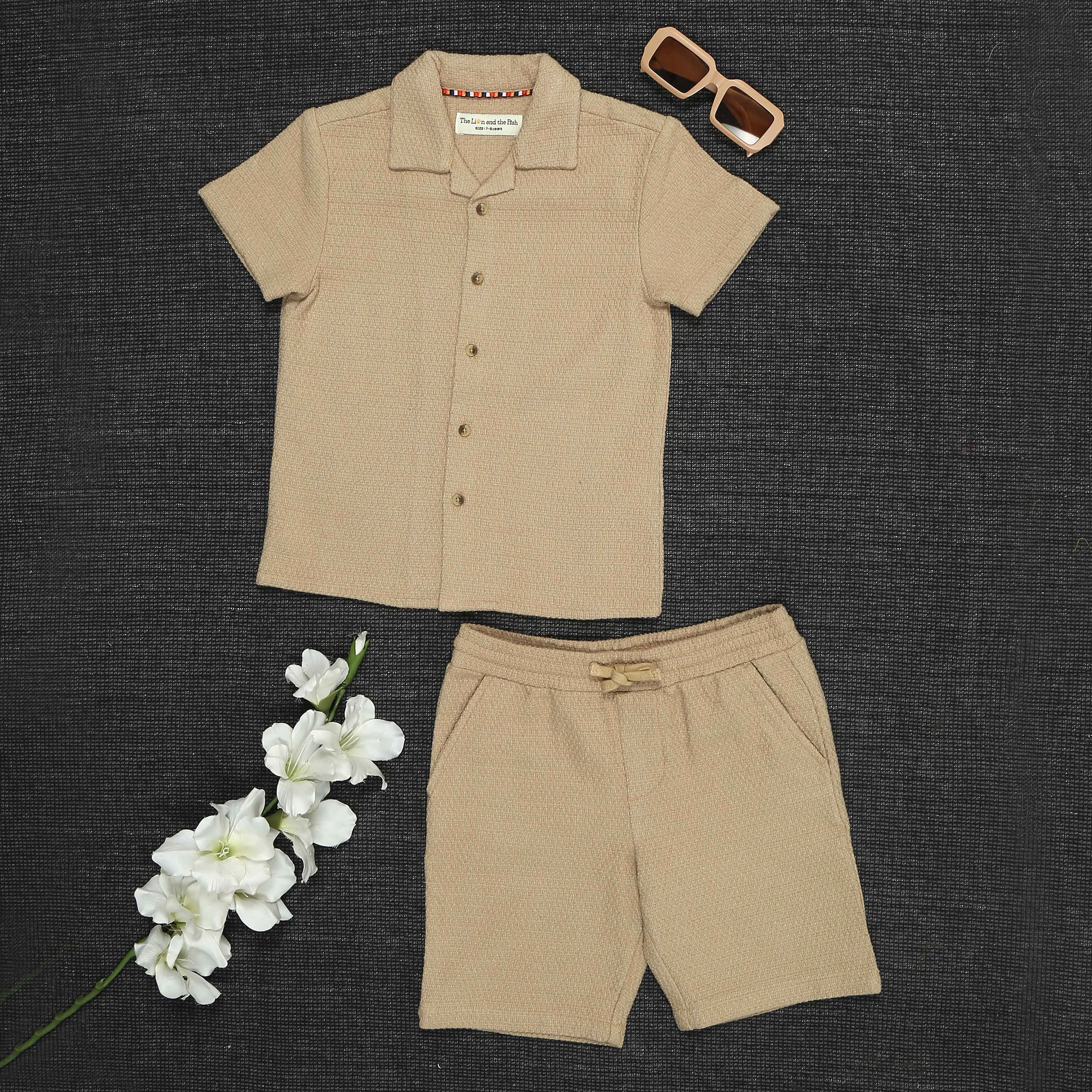 Boys Textured Shirt & Short Co-Ord Set Creamy Crust