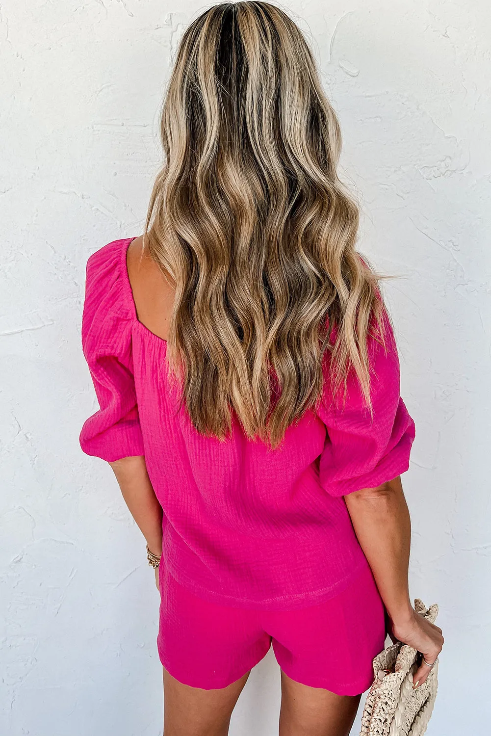 Bright Pink Crinkled Textured Square Neck Puff Sleeve and Shorts Set