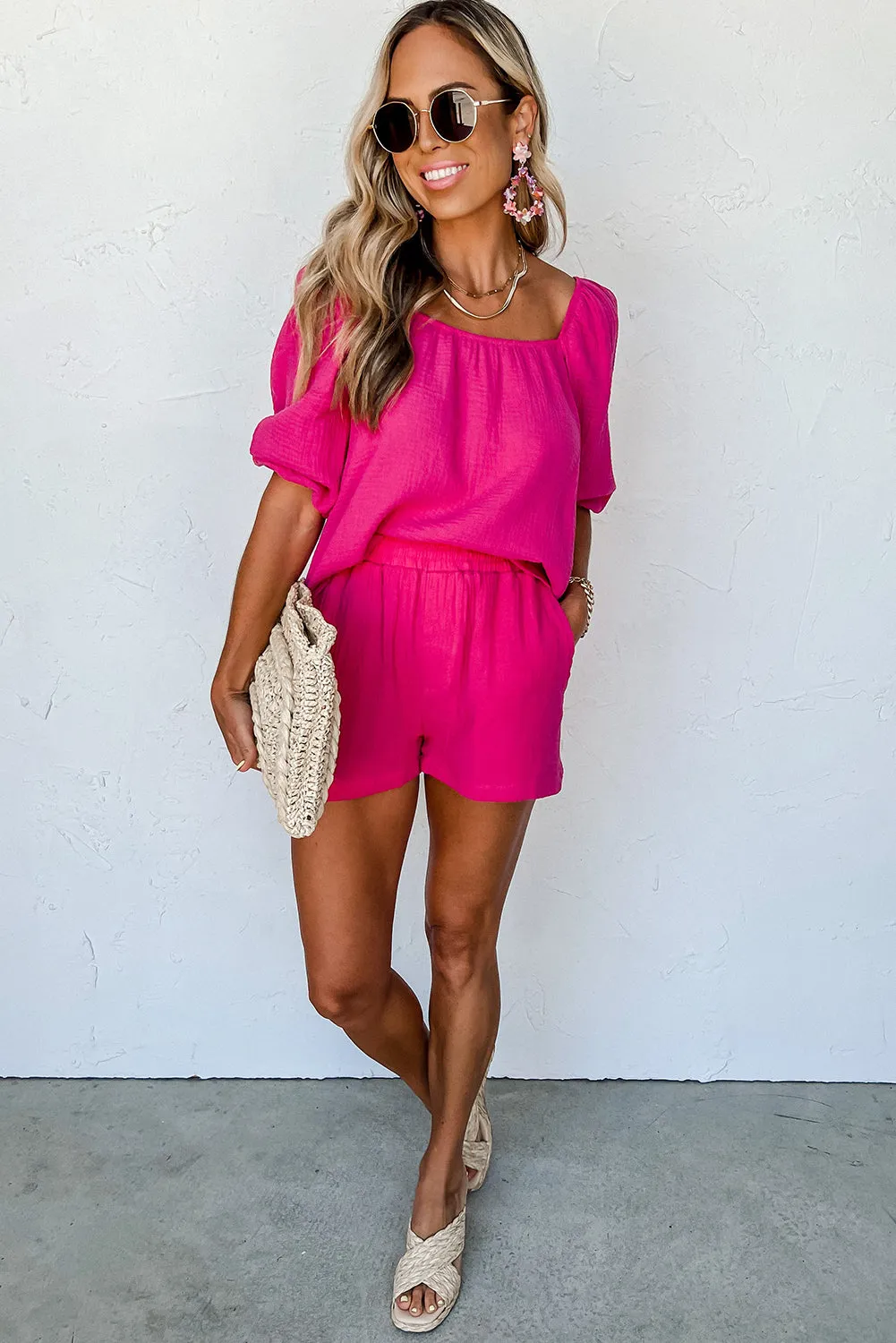 Bright Pink Crinkled Textured Square Neck Puff Sleeve and Shorts Set