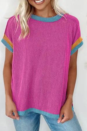 Bright Pink Textured Colorblock Round Neck T Shirt