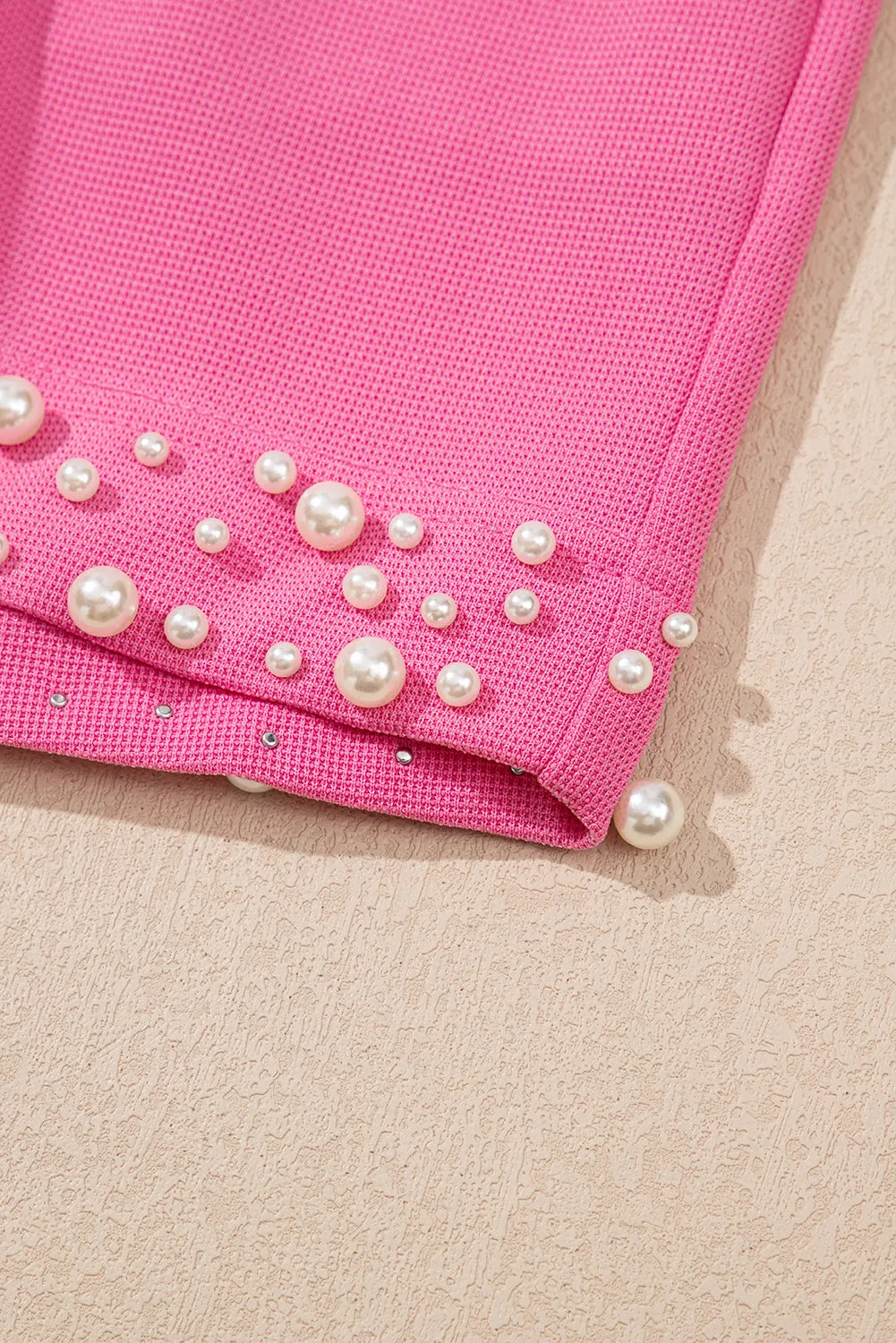 Bright Pink Textured Pearled Ruffle Sleeve Top Set