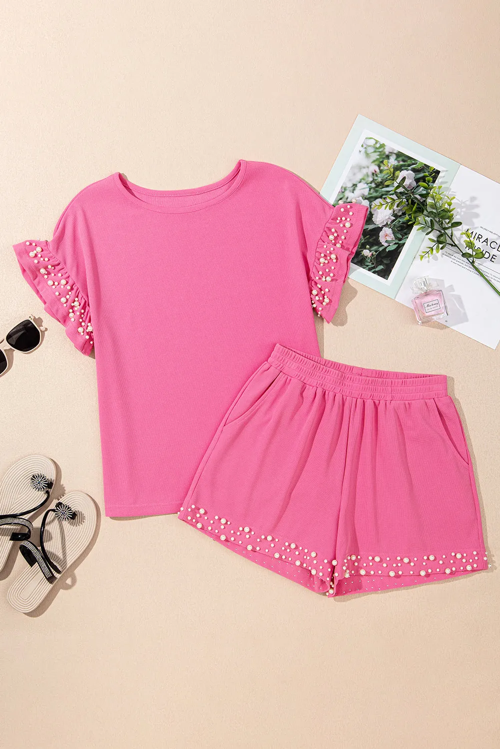 Bright Pink Textured Pearled Ruffle Sleeve Top Set