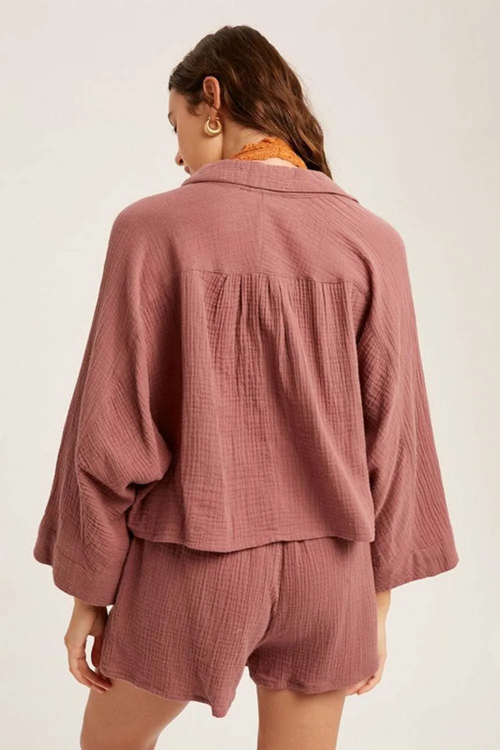 Brown Textured Dolman Sleeve Cropped Shirt and Shorts Outfit