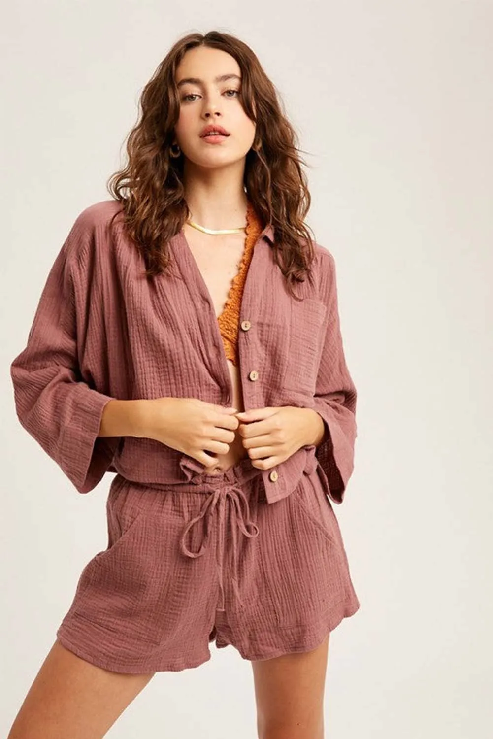 Brown Textured Dolman Sleeve Cropped Shirt and Shorts Outfit