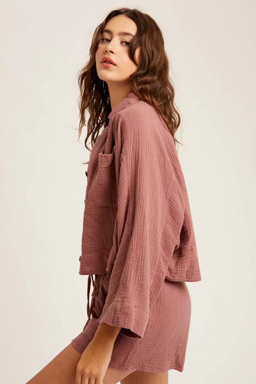 Brown Textured Dolman Sleeve Cropped Shirt and Shorts Outfit