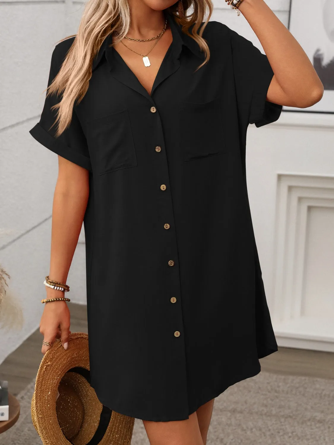 Button Down Short Sleeve Mini Dress