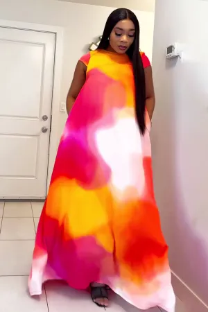 Cap Sleeve Tie Dye Print Oversized Vacation Maxi Dresses-Red [Pre Order]