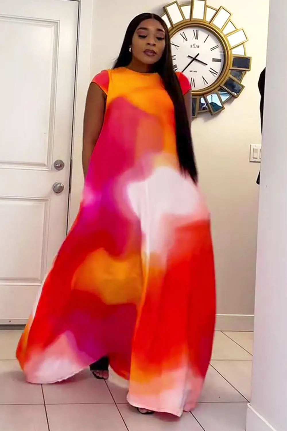 Cap Sleeve Tie Dye Print Oversized Vacation Maxi Dresses-Red [Pre Order]
