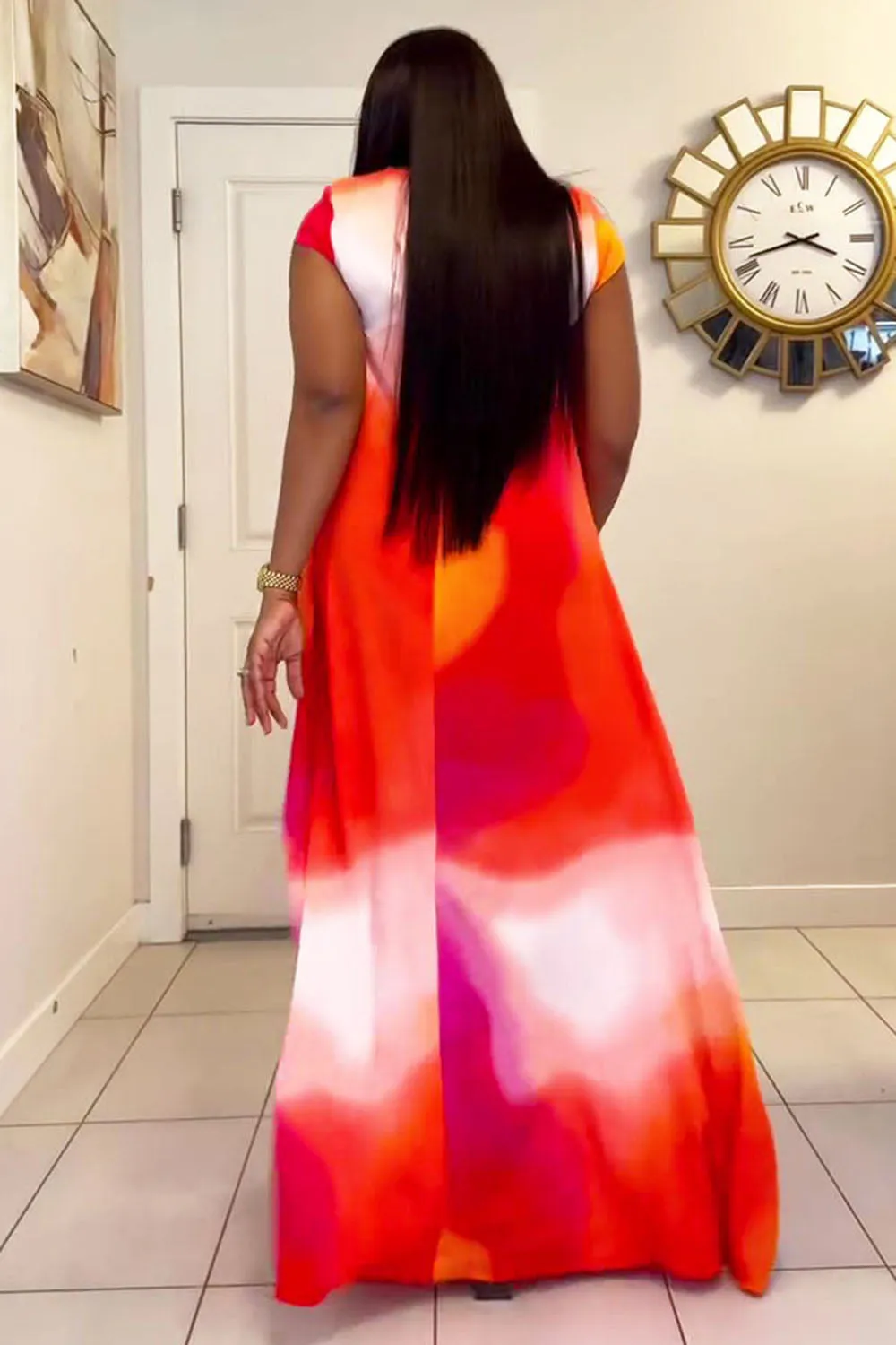 Cap Sleeve Tie Dye Print Oversized Vacation Maxi Dresses-Red [Pre Order]