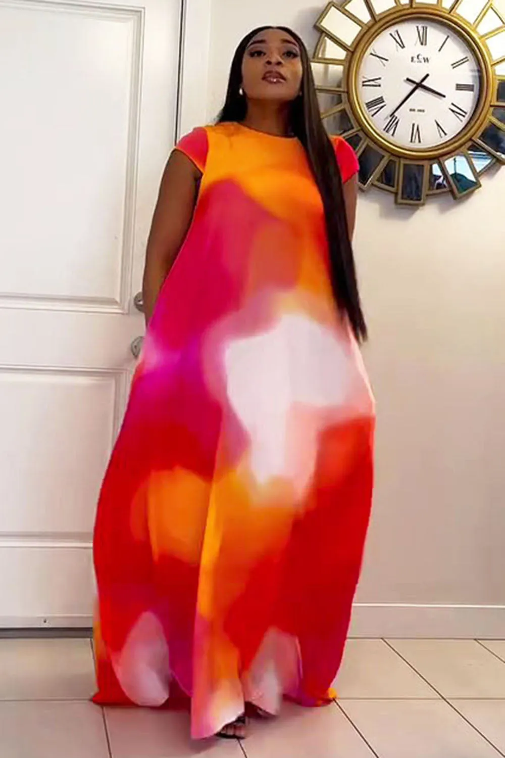 Cap Sleeve Tie Dye Print Oversized Vacation Maxi Dresses-Red [Pre Order]