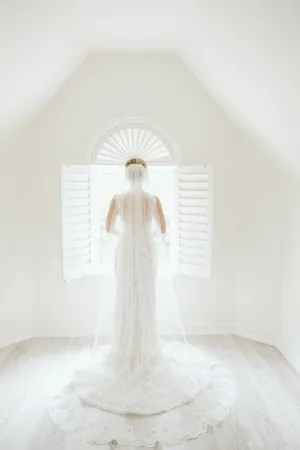 Cathedral Veil with Floral French Lace Trim, White/ Off White/ Ivory Lace Wedding Veil