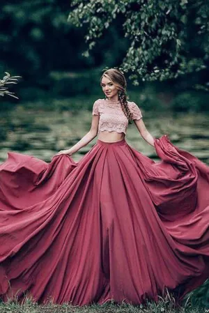 Charming Red Short Sleeves Lace Scoop A Line Two Pieces Long Formal Prom Dresses OK487