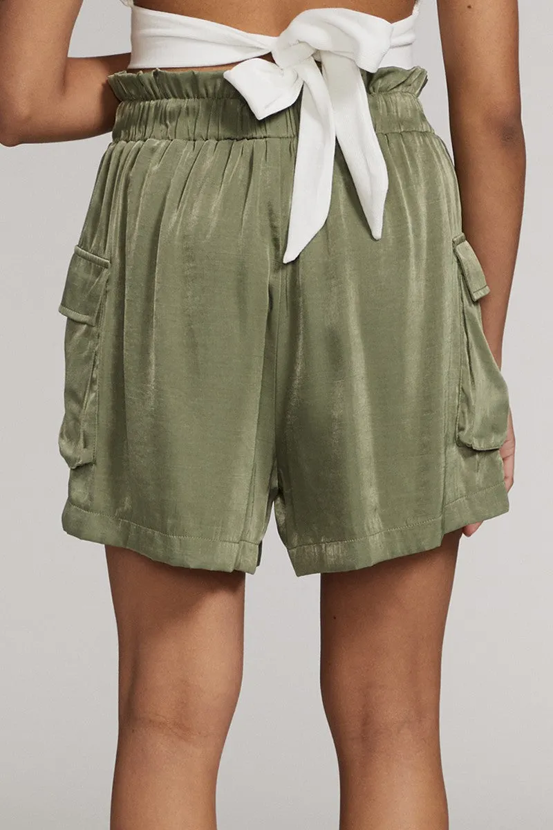Chic Comfort: Textured Satin Cargo Shorts
