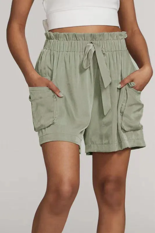 Chic Comfort: Textured Satin Cargo Shorts