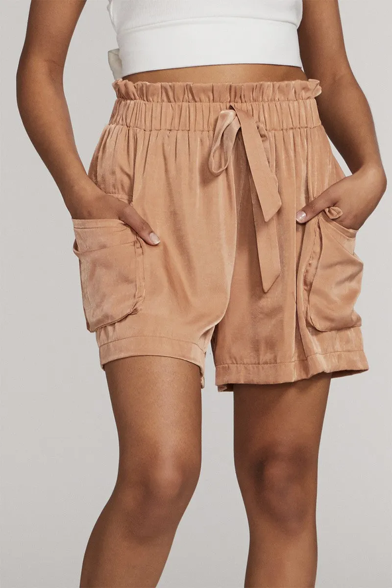 Chic Comfort: Textured Satin Cargo Shorts