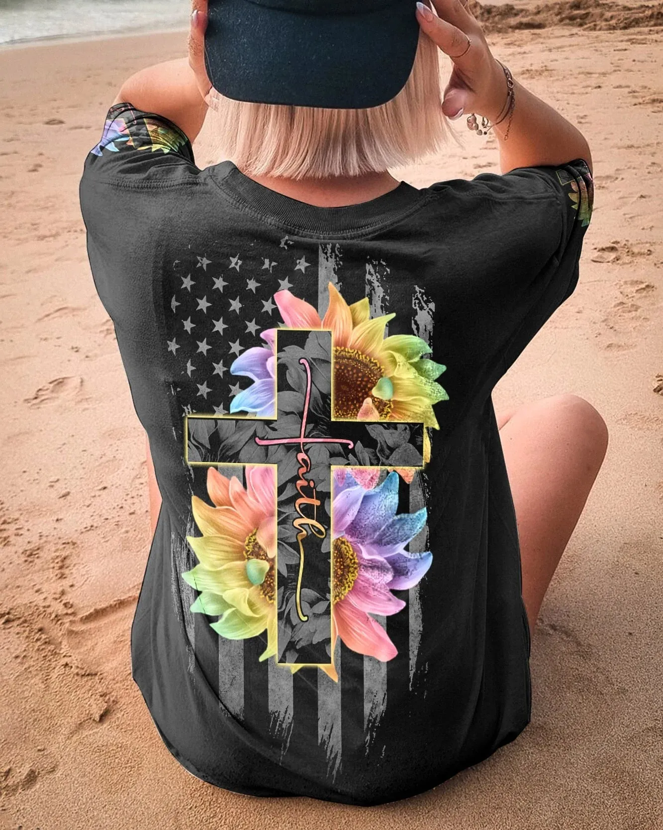 Christianartbag 3D T-Shirt For Women, Faith Rainbow Sunflower Cross Flag, Christian Shirt, Faithful Fashion, 3D Printed Shirts for Christian Women