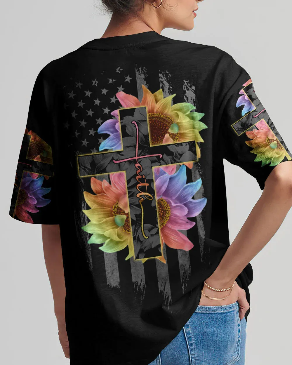 Christianartbag 3D T-Shirt For Women, Faith Rainbow Sunflower Cross Flag, Christian Shirt, Faithful Fashion, 3D Printed Shirts for Christian Women
