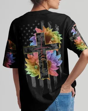 Christianartbag 3D T-Shirt For Women, Faith Rainbow Sunflower Cross Flag, Christian Shirt, Faithful Fashion, 3D Printed Shirts for Christian Women