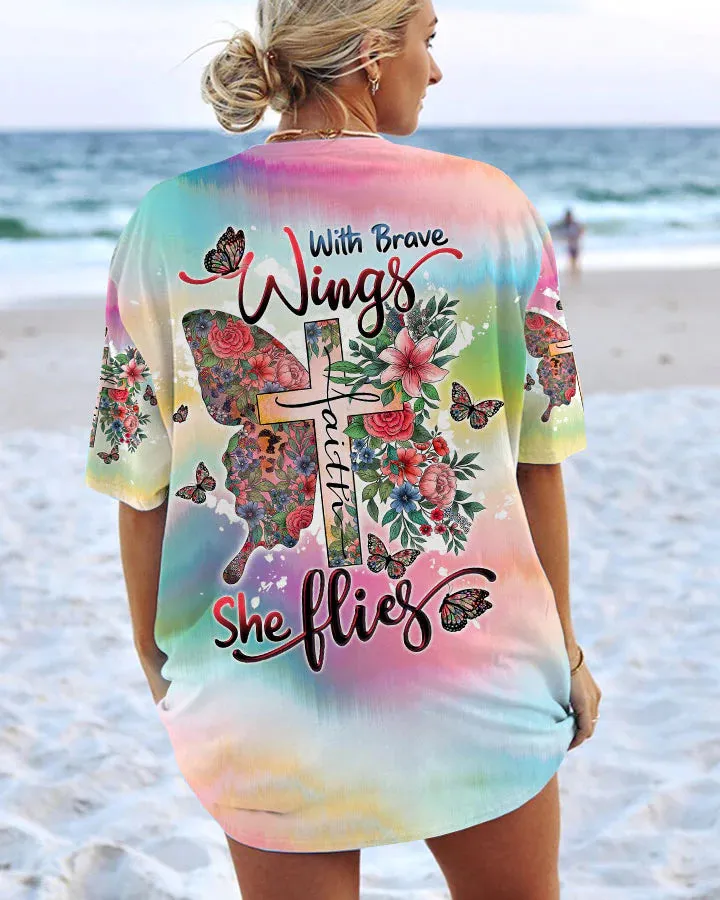 Christianartbag 3D T-Shirt For Women, With Brave Wings She Flies, Christian Shirt, Faithful Fashion, 3D Printed Shirts for Christian Women