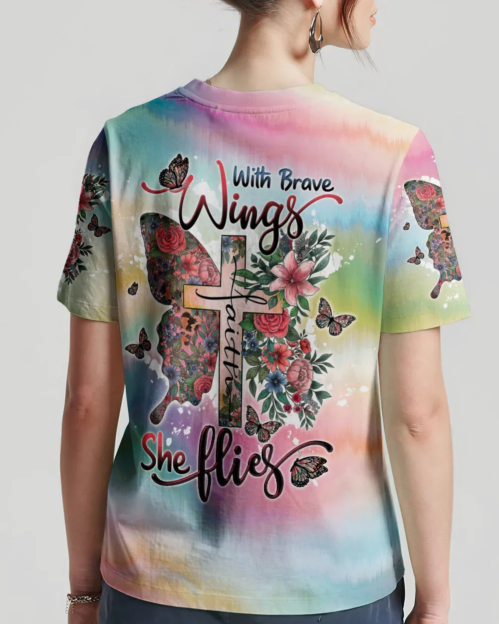 Christianartbag 3D T-Shirt For Women, With Brave Wings She Flies, Christian Shirt, Faithful Fashion, 3D Printed Shirts for Christian Women