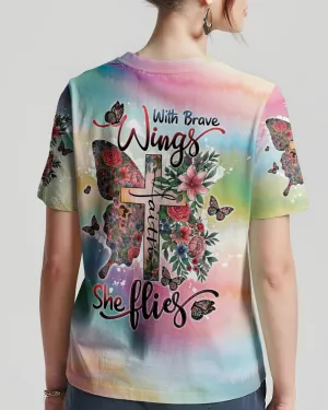 Christianartbag 3D T-Shirt For Women, With Brave Wings She Flies, Christian Shirt, Faithful Fashion, 3D Printed Shirts for Christian Women