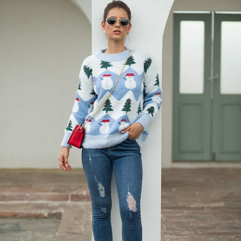 Christmas Tree and Snowman Pattern Long Sleeve Sweater