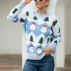 Christmas Tree and Snowman Pattern Long Sleeve Sweater