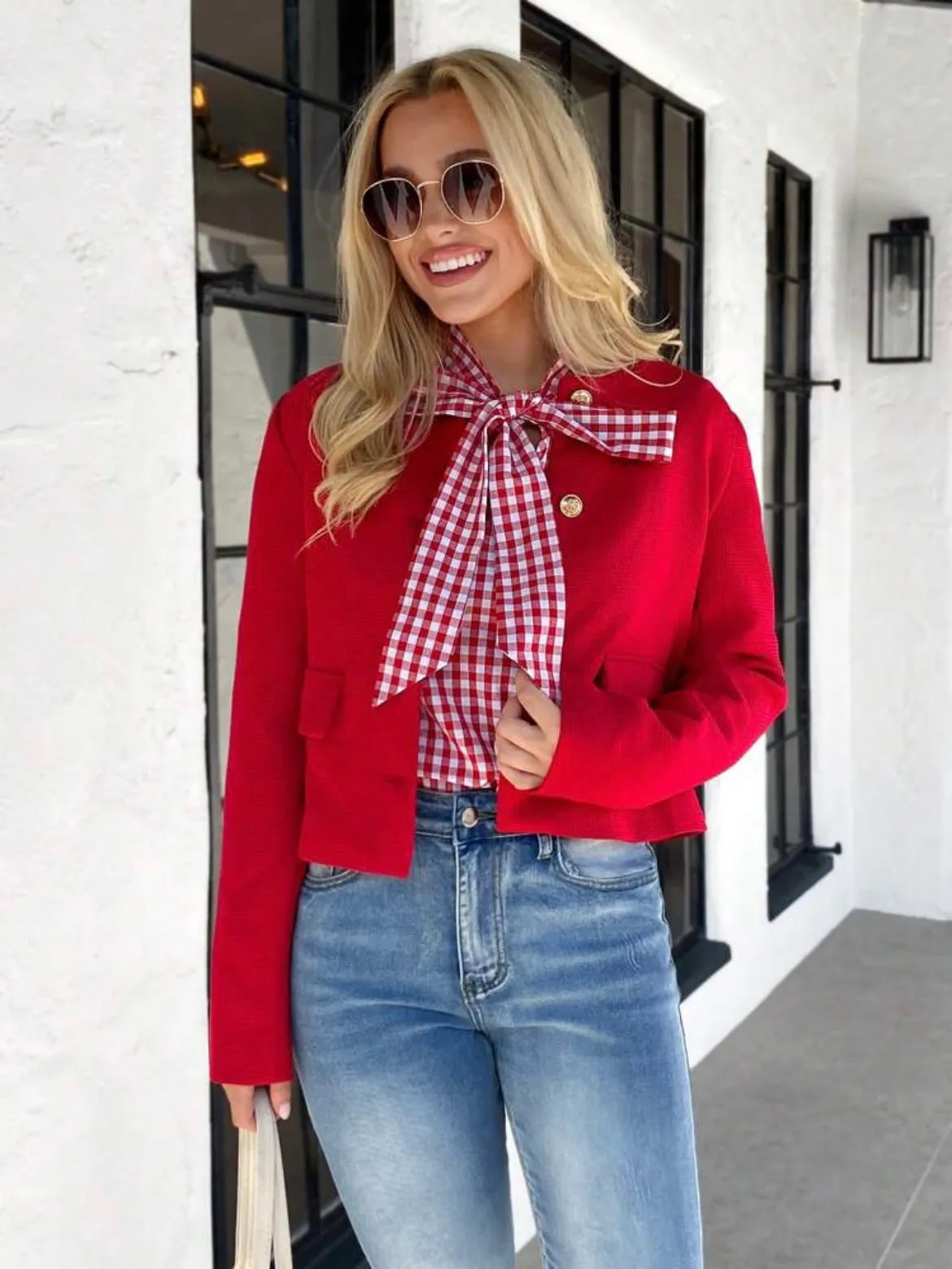 CM-CS061171 Women Casual Seoul Style Long Sleeve Textured Fabric Short Jacket - Red