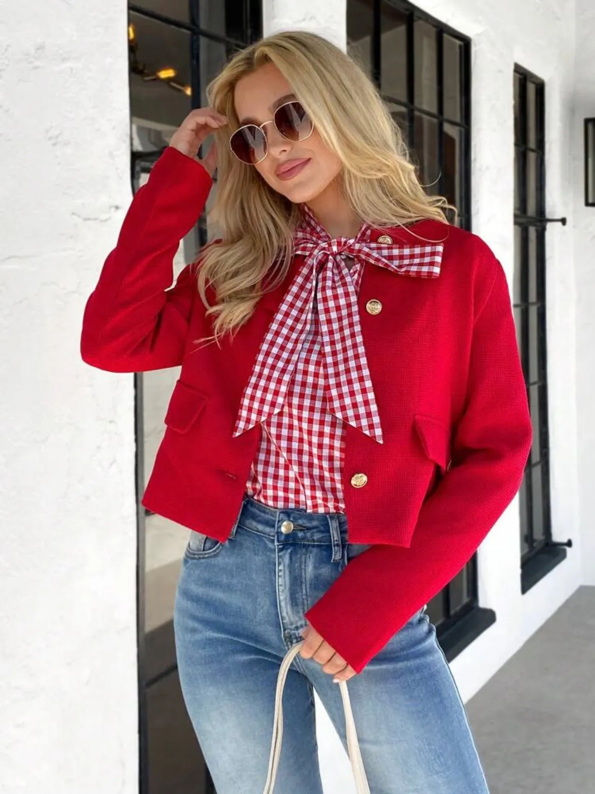 CM-CS061171 Women Casual Seoul Style Long Sleeve Textured Fabric Short Jacket - Red