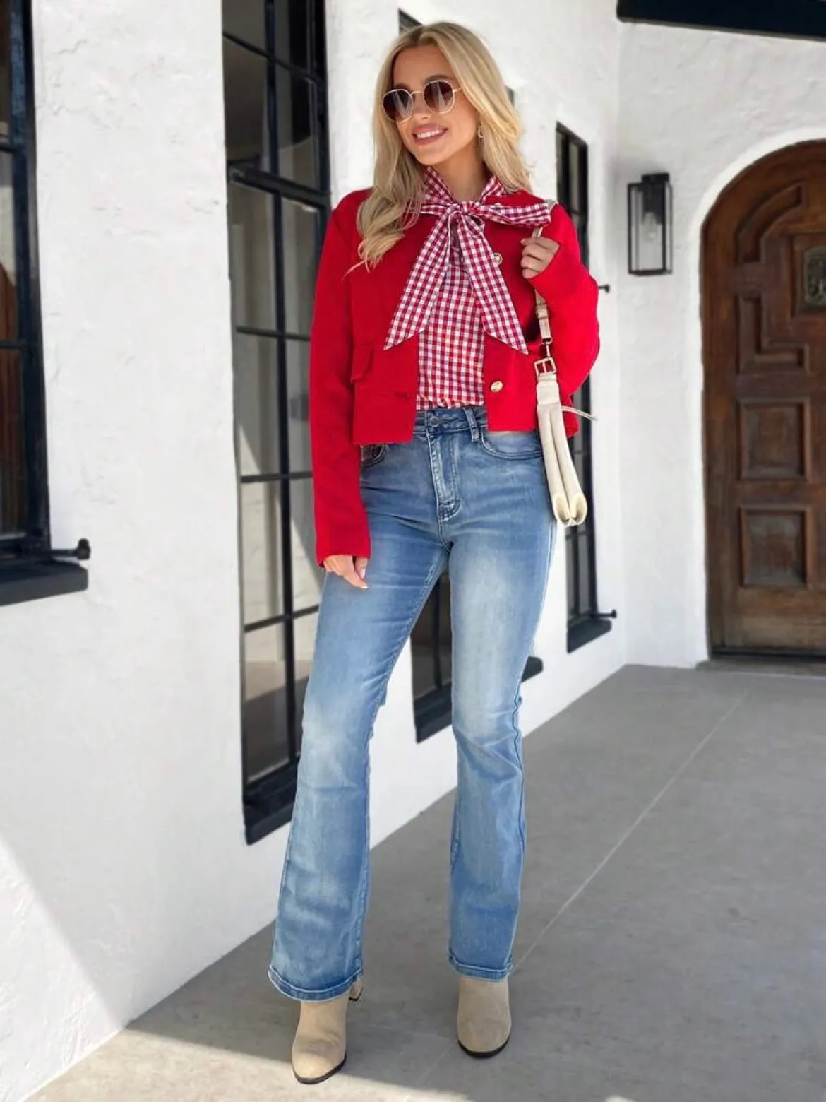 CM-CS061171 Women Casual Seoul Style Long Sleeve Textured Fabric Short Jacket - Red