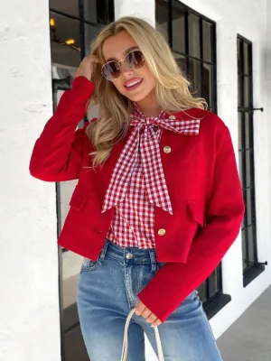 CM-CS061171 Women Casual Seoul Style Long Sleeve Textured Fabric Short Jacket - Red
