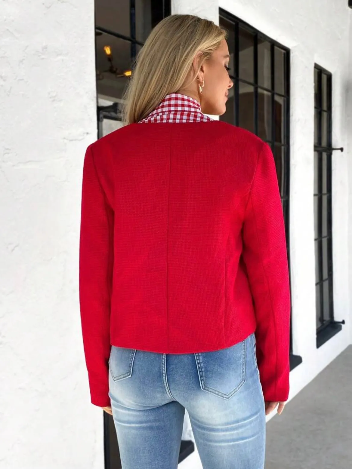CM-CS061171 Women Casual Seoul Style Long Sleeve Textured Fabric Short Jacket - Red